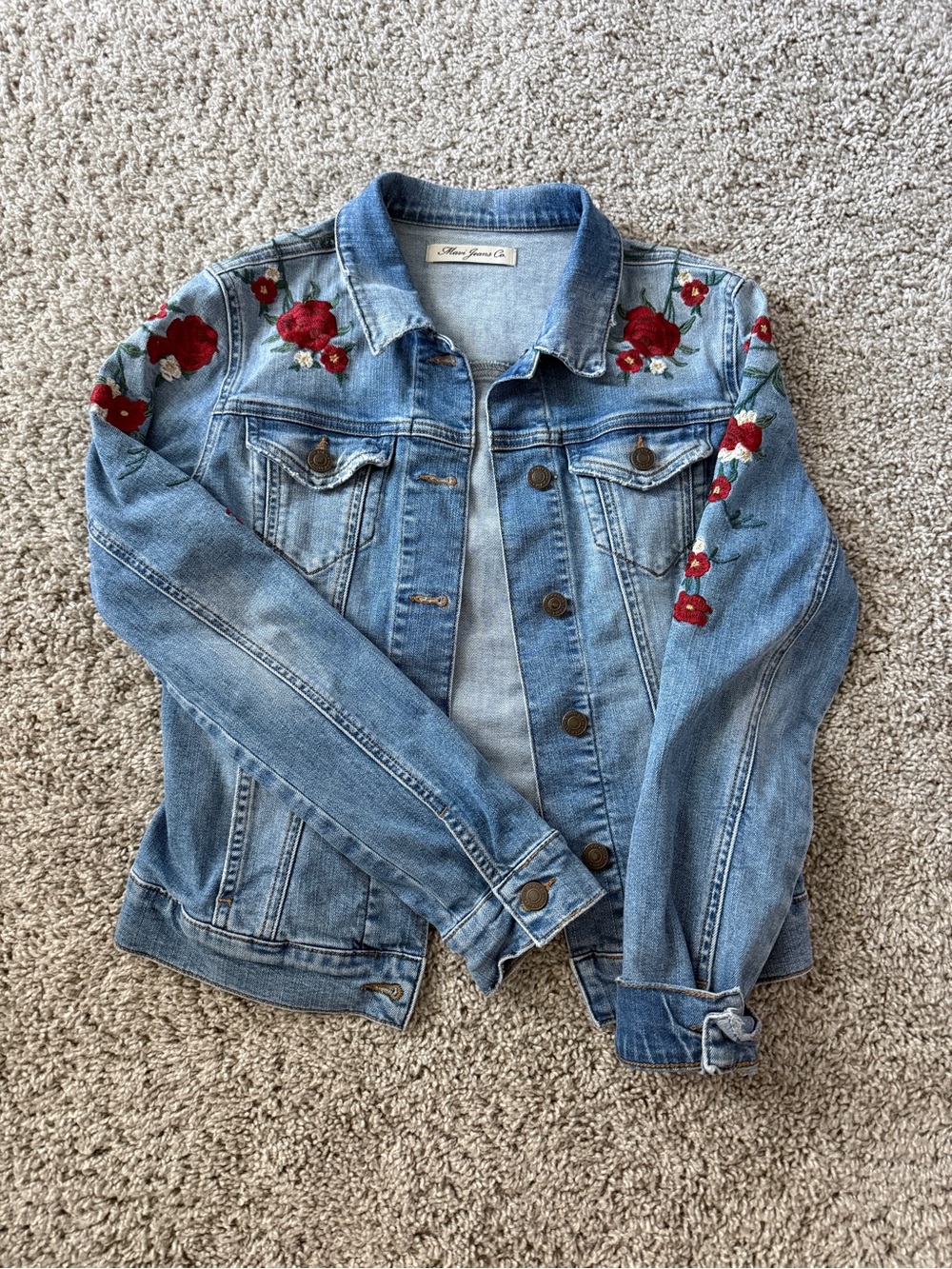 Mavi Women’s Light Blue Denim Jacket with Red & White Floral Embroidery